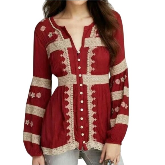 Free People Iris Cranberry Cream Crochet Wood Bead Detail Bohemian Top Size M - Picture 7 of 13